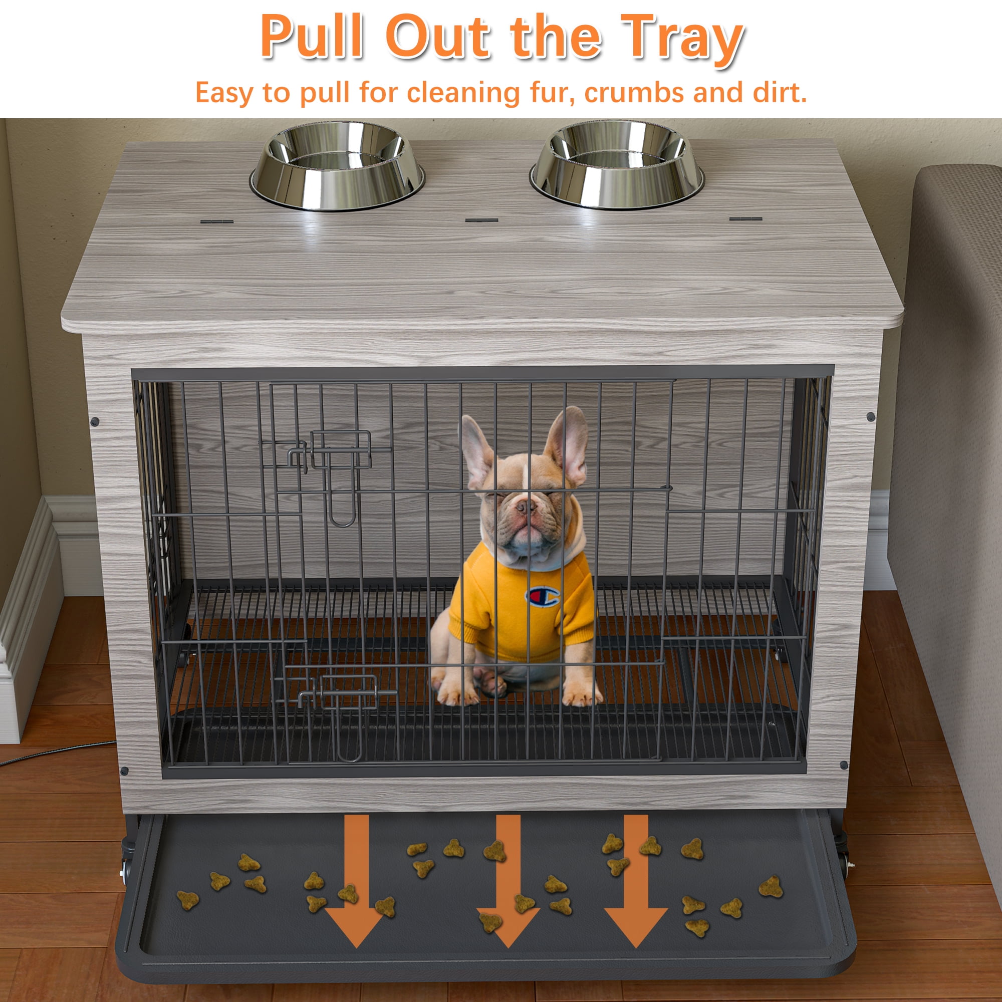 Pefilos 23.6"L Wood Dog Crate Furniture with Cushion, Double-Doors Dog Cag for Indoor, Dog House, Dog Kennel for Small Dogs, Gray Pefilos 23.6"L Wood Dog Crate Furniture with Cushion, Double-Doors Dog Cag for Indoor, Dog House, Dog Kennel for Small Dogs, Gray