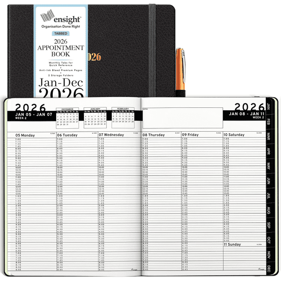 Ensight 2026 Hardcover Appointment Book & Planner 8.5" x 11" inches Large Tabbed Daily Hourly Weekly Planner Schedule Book 15 Minute time Slots Business & Personal Planner Jan 2026 Dec 2026 Black