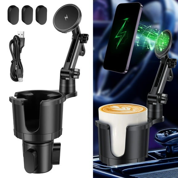 Cup Holder Expander for Car Magnetic 15W Wireless Fast Charging Phone Holder with Expandable Base 360° Rotation Height Adjustable Cell Phone Cup Holder Compatible for 12 13 14 15 Pro Phone