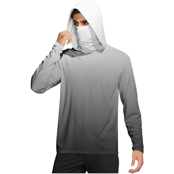 Dagegui Men's Long Sleeve Shirt with Built-in UV Face Protection Hawaiian Sun Hoodie Lightweight UPF 50 Moisture Wicking T-Shirt for Summer Outdoor Gray M