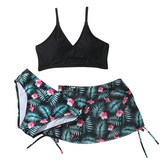 3pcs/set Little Girls Swimsuit Padded Bikini Set Floral Print Bathing Suit Kids Swim Skirt Tankini Swimwear Summer Beachwear 8-12Y