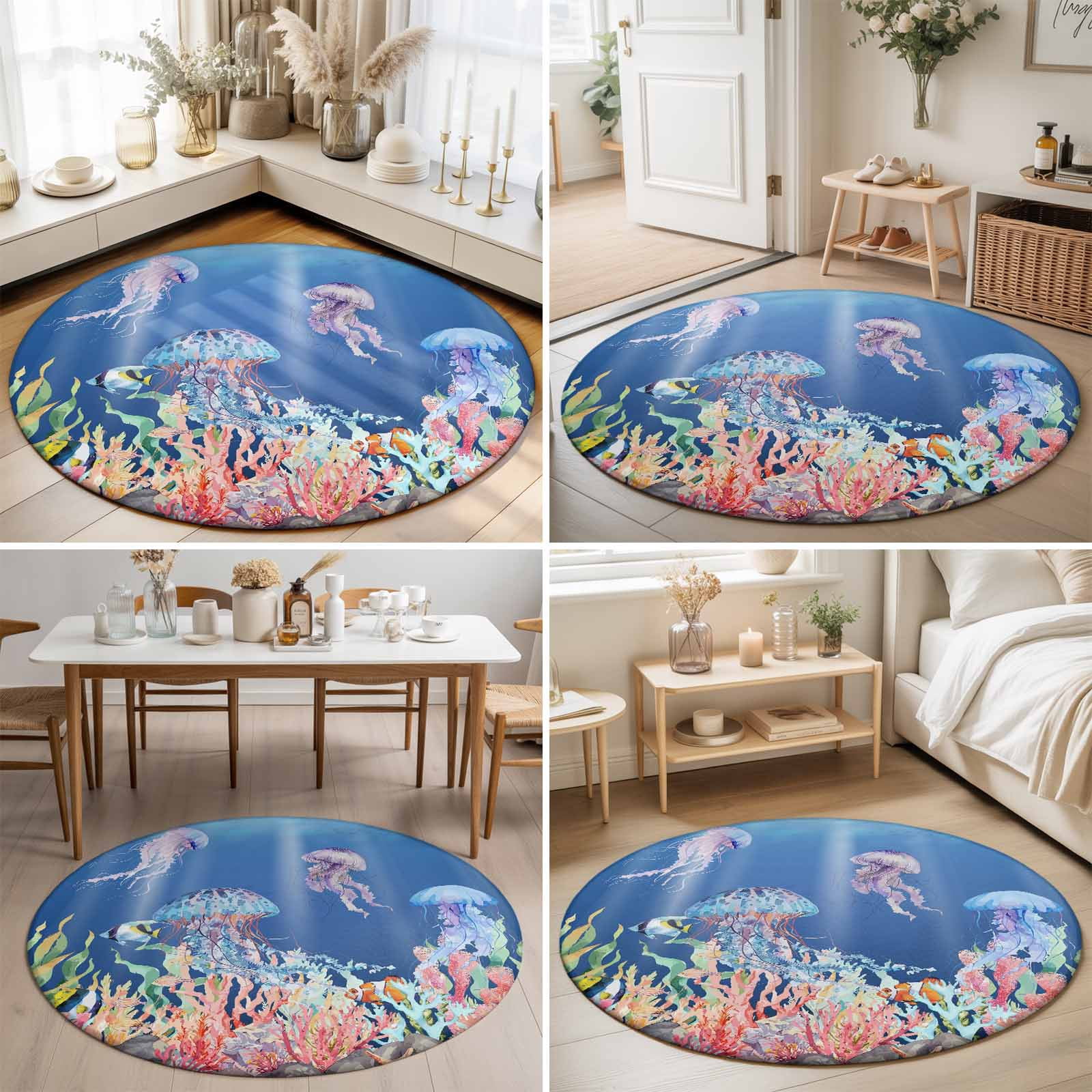 Small Round Rug 3Ft, Jellyfish Coastal Non-Slip Washable Circle Rugs Carpet, Nautical Ocean Summer Beach Coral Sea Indoor Outdoor Rug Floor Mats Throw Runner for Bedroom Living Room Bathroom