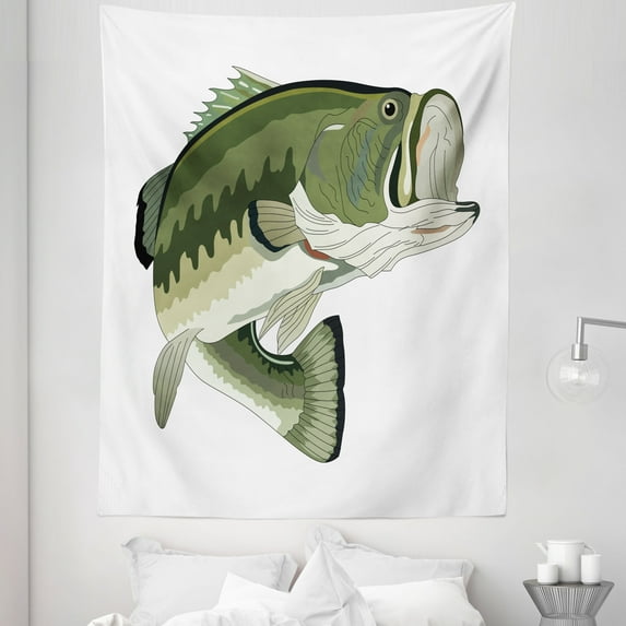 Bass Fish Tapestry, Huge Mouth Open Bait Angle Catching Sea Animal Food Cuisine Art, Fabric Wall Hanging Decor for Bedroom Living Room Dorm, 5 Sizes, Ivory Olive Green and Dusk, by Ambesonne