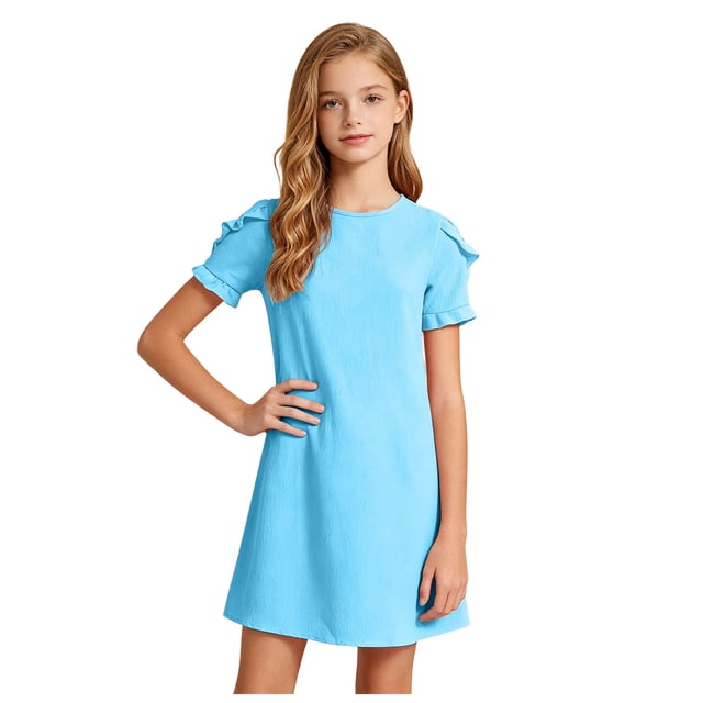 vigerkar Robes d'Été pour Filles T-Shirt Décontracté Col Ras du Cou Manches Pétales Robe de Vacances (Bleu Ciel, 7-8 Ans)