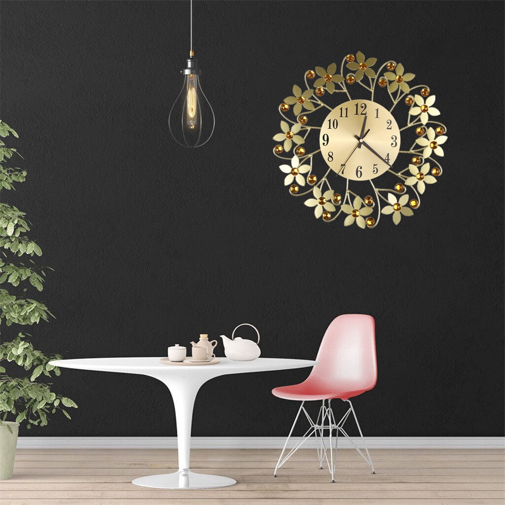 Acahhotxx Wall Clock, 35cm European 3D Large Wall Clock Flower for Rhinestone Living Room - Black