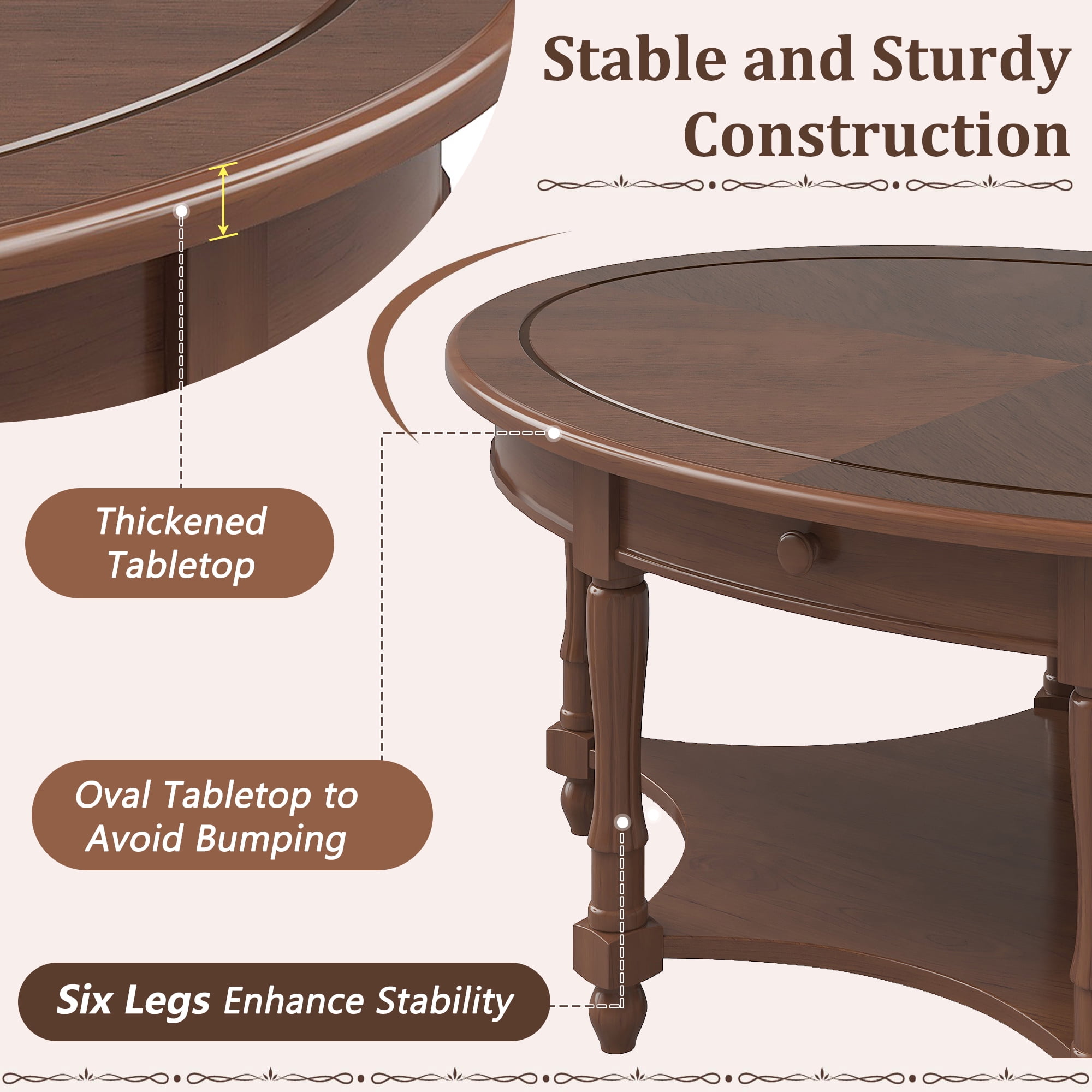 GARITIN Oval Coffee Table 45 Inch, Vintage Cocktail Table with Drawer and Storage Shelf for Living Room, Dark Walnut