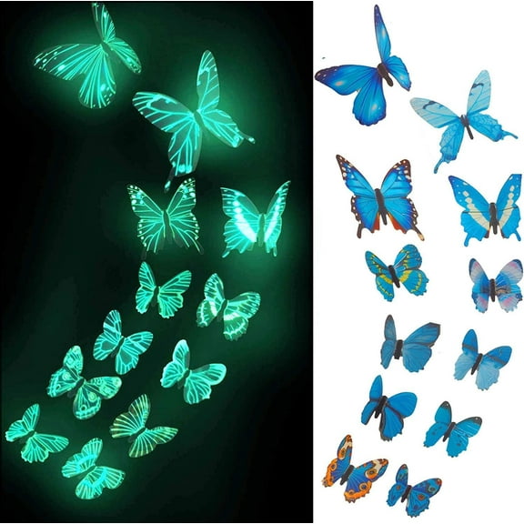 Zhuge 12PCS 3D Butterfly Decals, Glow in The Dark Butterfly Stickers for Ceiling or Wall Decals, Removable Refrigerator Magnets Stickers Decor for Kids Room Decoration Home and Bedroom Art Mural Blue
