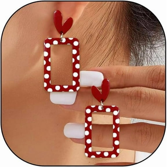 Red Hollow Acrylic Polka Dot Heart Earrings, Sweet Cute Neon Love Dangle Drop Earrings, Funny Valentine's Day Anniversary Jewelry Gift
