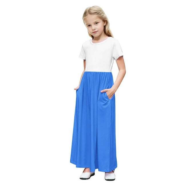 RXIRUCGD 2025 Vêtements d'Été pour Enfants Tout-Petits Filles Mignon Couleur Unie Manches Courtes Robe Extensible avec Poches Robe Longue Ligne A