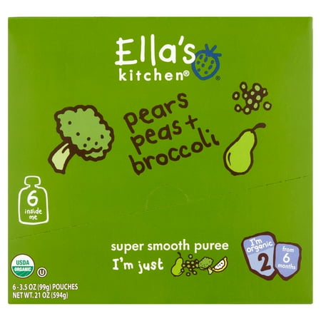 Ella's Kitchen Organic Baby Food Pears Peas + Broccoli Super Smooth Puree 2 from 6 Months, 3.5 oz, 6 pack