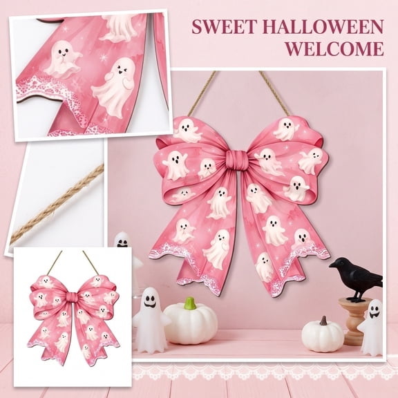12 Inch Pink Bow Wall Decor Cute Pink Ghost Decor Spooky Halloween Decorations for Home Front Door Porch Hanging Halloween Decorations Pink Halloween Decor