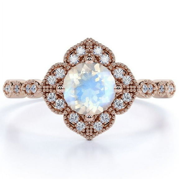 JeenMata 1 Carat Round Cut Rainbow Moonstone and Moissanite Floral Vintage Wedding Ring in 18k Rose Gold over Silver