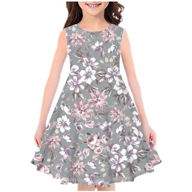 Zwiiyzr Robe d'Été pour Petites Filles 4-14 Ans Col Rond Sans Manches Évasée Robe Soleil Enfants Décontractée Florale Robe Trapèze Gris