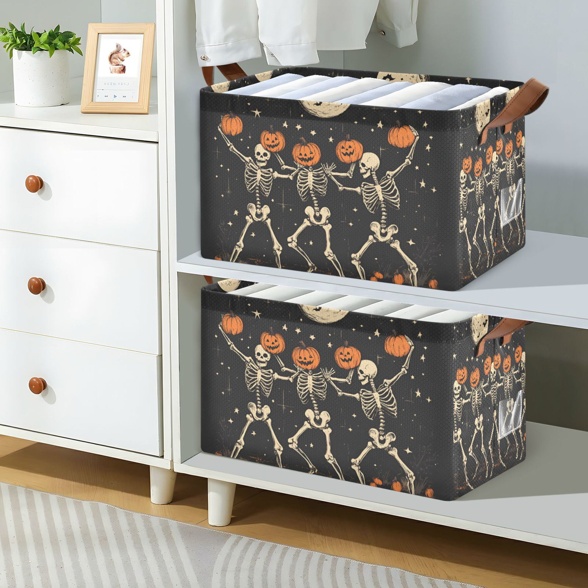 Yayeee Foldable Storage Basket for Shelves with Handles Set of 2 Waterproof Cloth Bins, Black Halloween Dancing Skeleton