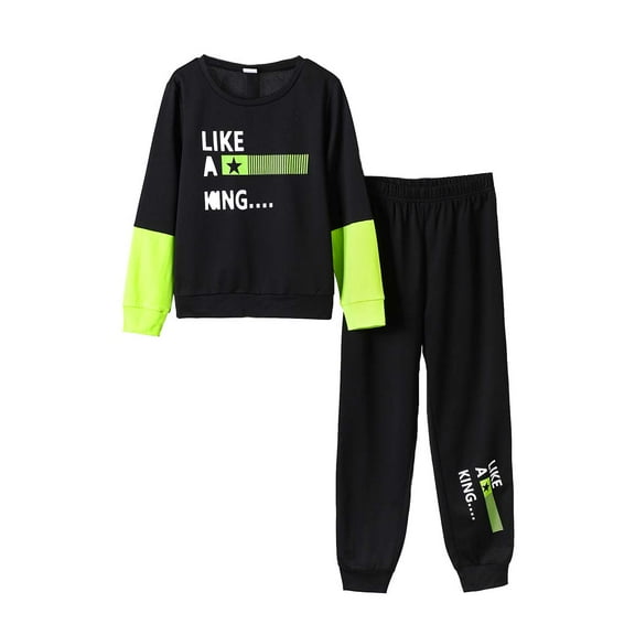 KIMI BEAR Big Boys Outfits 10T Big Boy Fall Winter Outfits Big Boy Pure Color Casual Stylish Contrast-Color Long Sleeve Sweatshirt Pants 2PCS Set Black