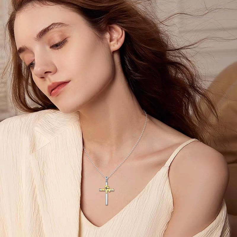 DOLIOX Cross Necklace for Women Sterling Silver Butterfly Bee Ladybug Pendant Necklaces Insect Jewelry Christian Gifts for Women