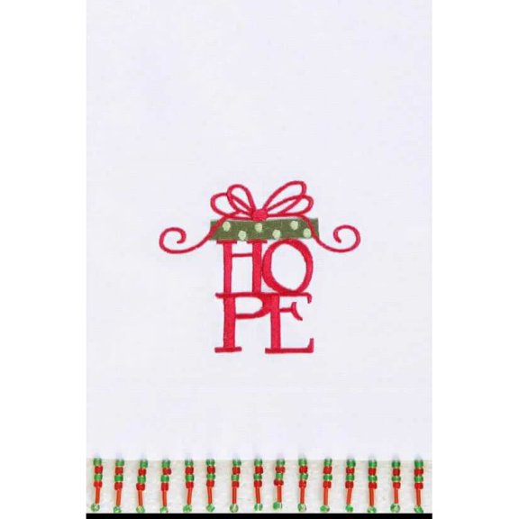 Christmas Present "Hope " Embroidered 100% Cotton Beaded Guest DishDishtowel