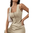 thumbnail image 3 of Women'S 2 Piece Outfits Button Down Sleeveless Sets Crop Blazer Vest and Wide Leg Pants Set Khaki M, 3 of 8