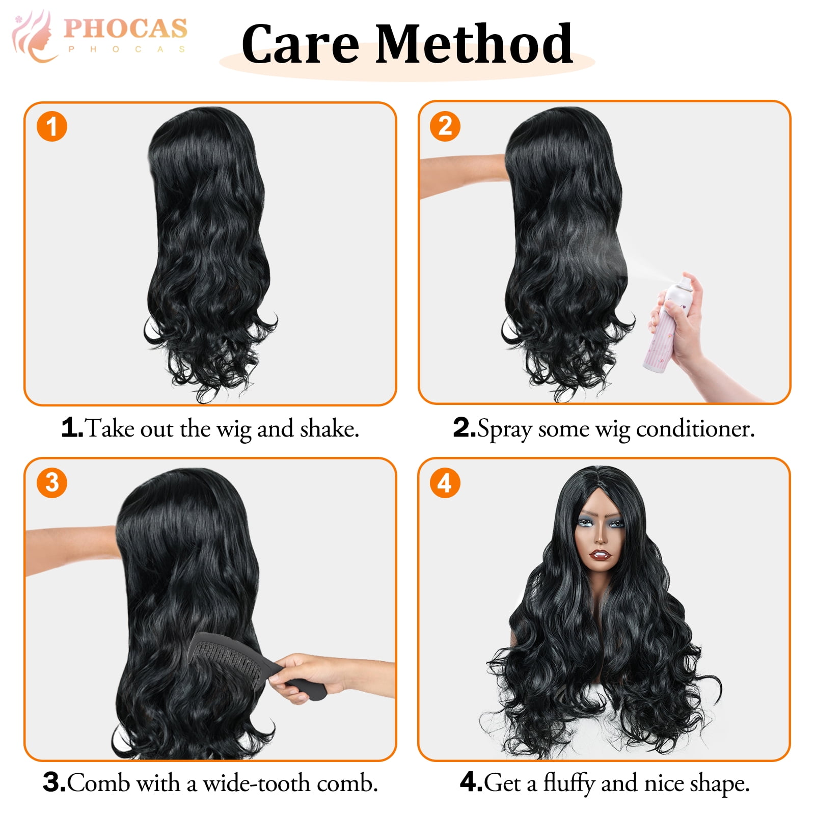 Phocas 24" Long Deep Wave Wig No Bangs Black - Glueless Synthetic Wavy Wig for Women with Natural Hairline - Heat Resistant Daily Wear