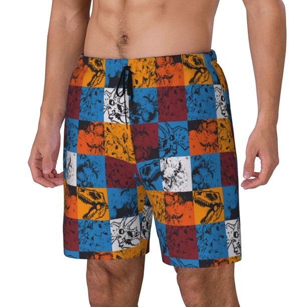 Balery colorful plaid Dinosaur Bañador para hombre, shorts de playa de secado rápido con entrepierna y forro de compresión-Medium