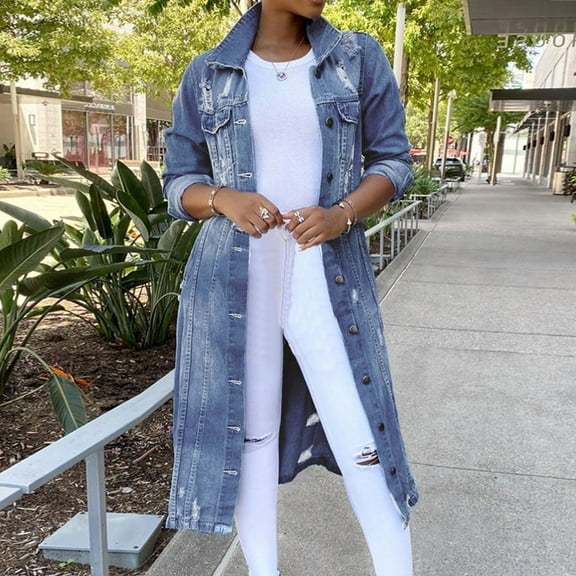 MHFRRA Womens Denim Jacket Women's Long Denim Trench Coat with Distressed Details and Lapel Collar for Autumn and Winter Fashion