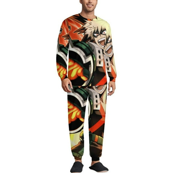 My Hero Academia Men's Lounge Pajamas Set 2-Piece Crew Neck Sleepwear Soft Long Sleeve Top & Pants for Sleep, Home & Vacation S