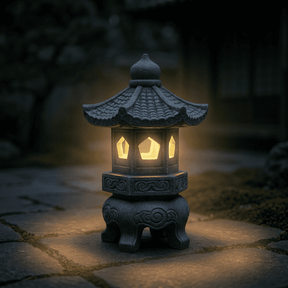 Lumiartisan Japanese Resin Lantern Garden Statue Zen Style - UV Resistant Lighted Roof Outdoor