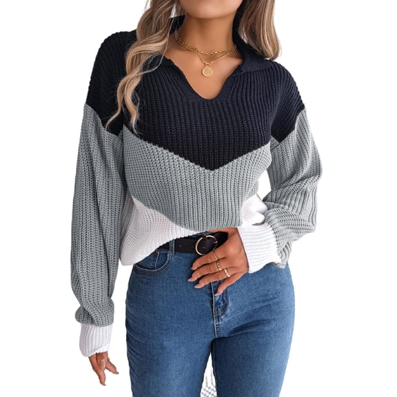 Chevron Striped Color Block Collared Classic Sweater for Women Gray Small