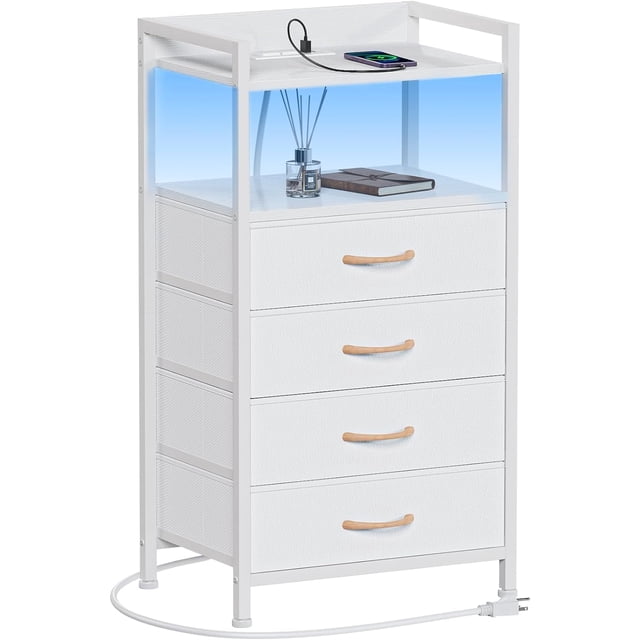 FURRIFIC Buro para Recámara con Estación De Carga, Mesa de Noche para Recámara con 2 Enchufes y 2 Puertos USB, Mesita De Noche, Muebles para Recamara, Mesa Auxiliar,Buro para Dormitorio y Sálon