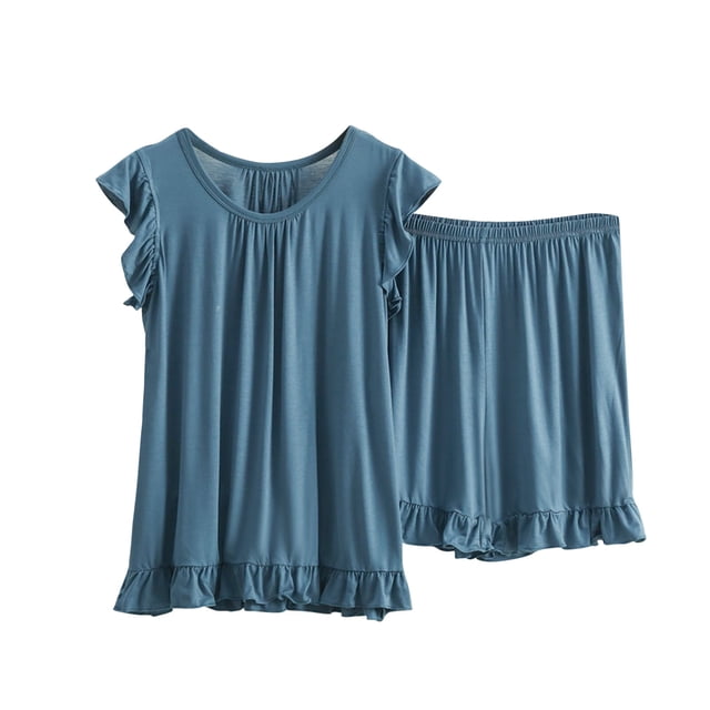 RKSTN Summer Sets for Women , Flared Sleeves Ruffled Sleeves Crew Neck Tank with Shorts ,Plus Size Sets(Green ,XL)