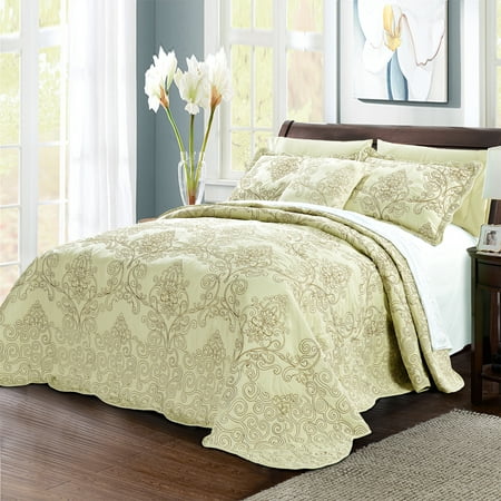 Home Soft Things 4 Piece Damask Embroidery Bedspread Set - Light Green - Oversize Queen (110" x 120")