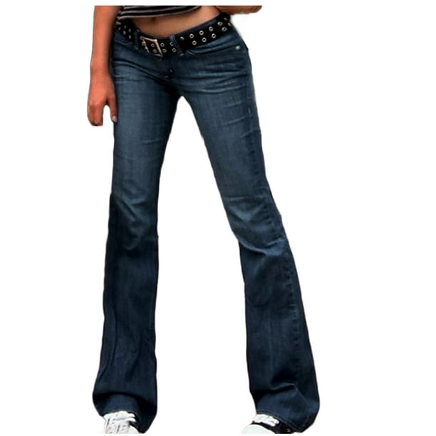Retro Women Flared Jeans Stretch Bell Bottom Denim Pants Raw Hem Slit  Trousers