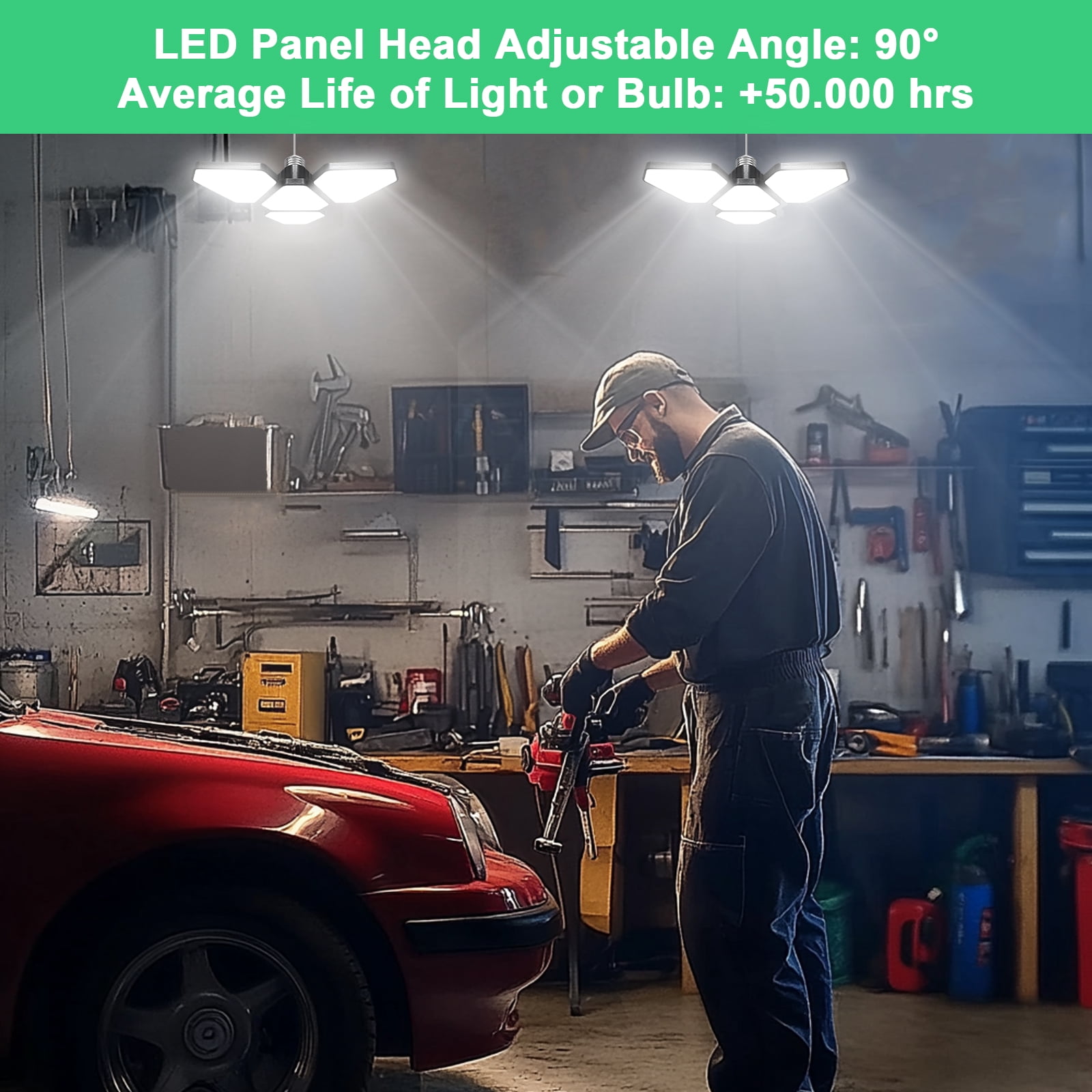 Watfal LED Garage Ceiling Light 120W, 4 Adjustable Panels Total 15000 Lumen 6500K Bay Light, E26/E27 Base for Shop, Warehouse