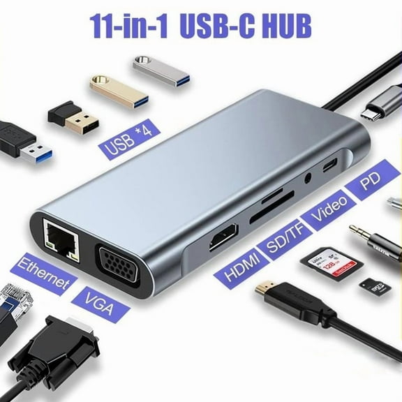 AUBEAMTO USB C HUB Adapter 11 in 1 Dongle with 4K HDMI, VGA, Type C PD, USB3.0, RJ45 Ethernet, SD/TF Card Reader, 3.5mm AUX, Docking Station Compatible with MacBook Pro/Air, Other Type C Laptops