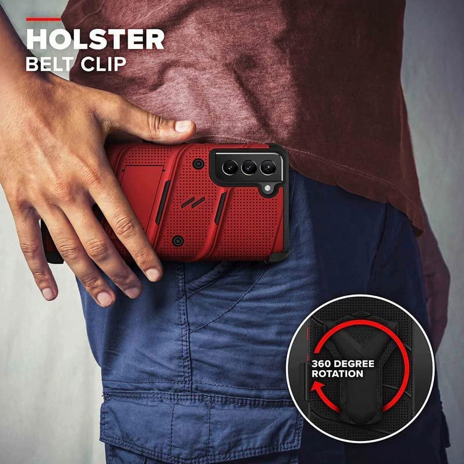 ZIZO BOLT Bundle for Galaxy S21 FE Case with Screen Protector Kickstand Holster Lanyard - Red & Black