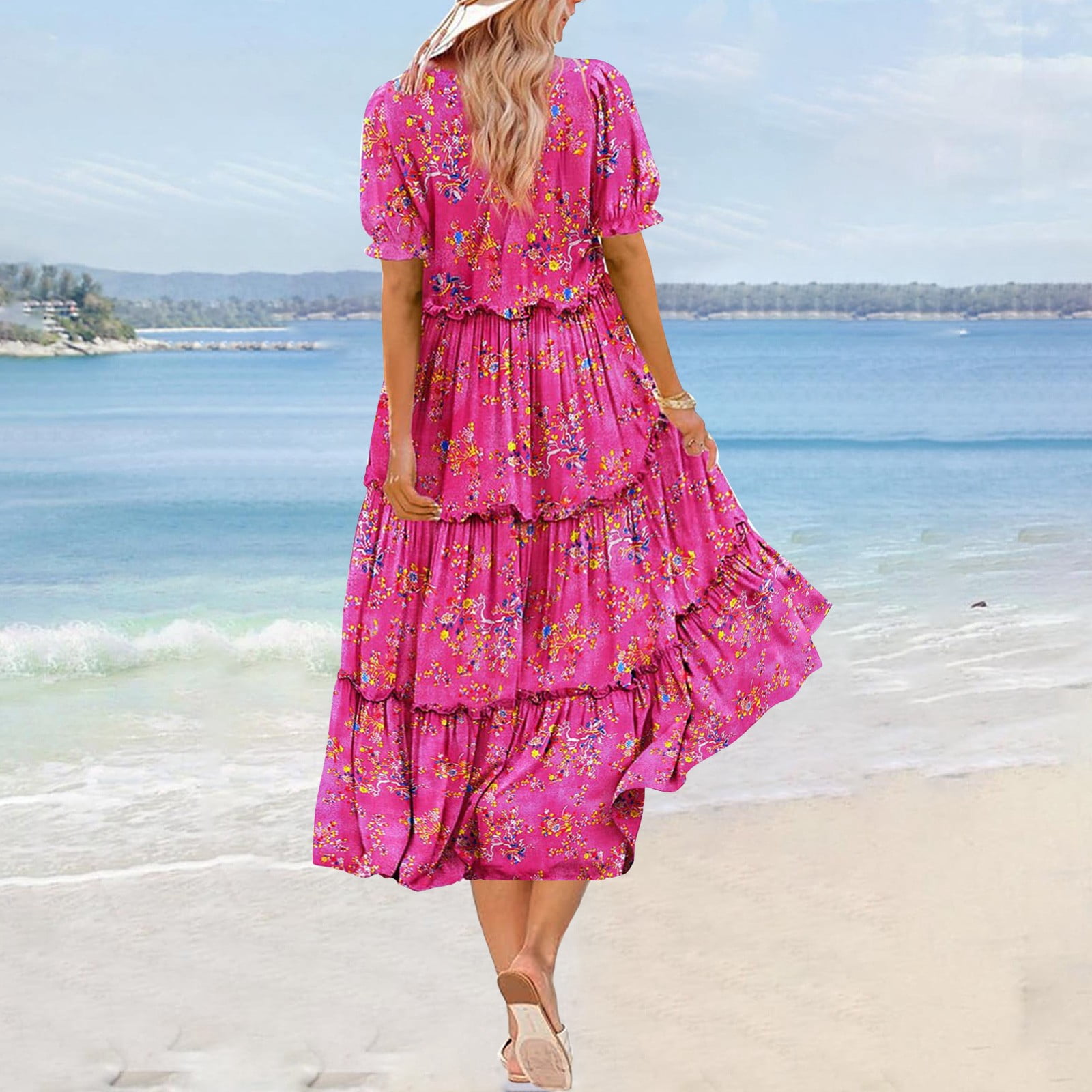 Hvot&aat Women Summer Casual Bohemian Floral Dresses Puff Short Sleeve Tiered Ruffle Flowy Swing Dress