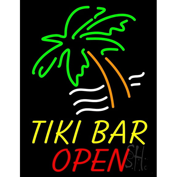 Tiki Bar Open LED Neon Sign 19 x 15 - inches, Clear Edge Cut Acrylic Backing, with Dimmer - Bright and Premium built indoor LED Neon Sign for Bar decor.