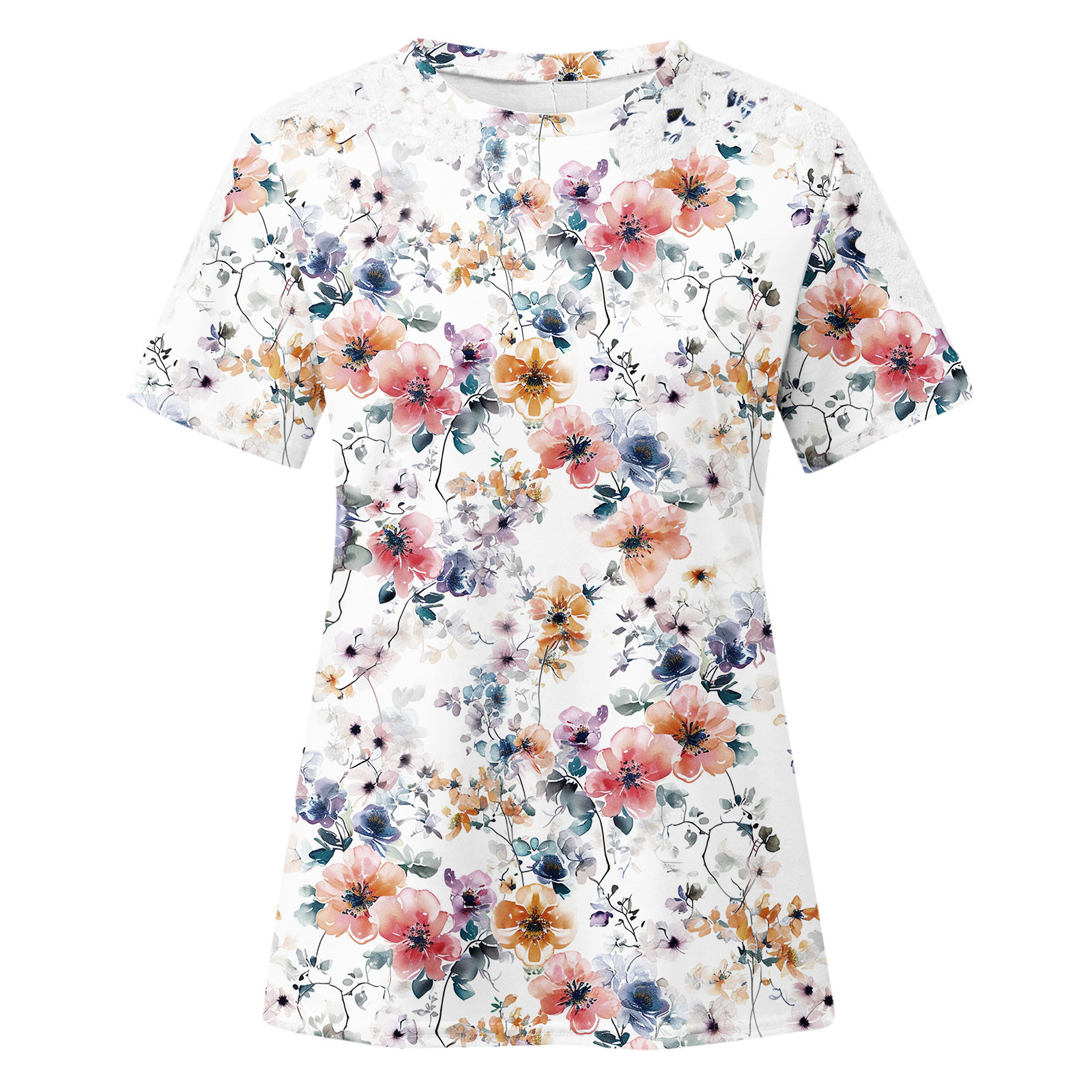 Summer Tops for Women Crewneck Loose Lace Crochet Short Sleeves Blouses Elegant Floral Print Loose Dressy Tee Shirts Top Lightweight Business Office Work T-Shirt