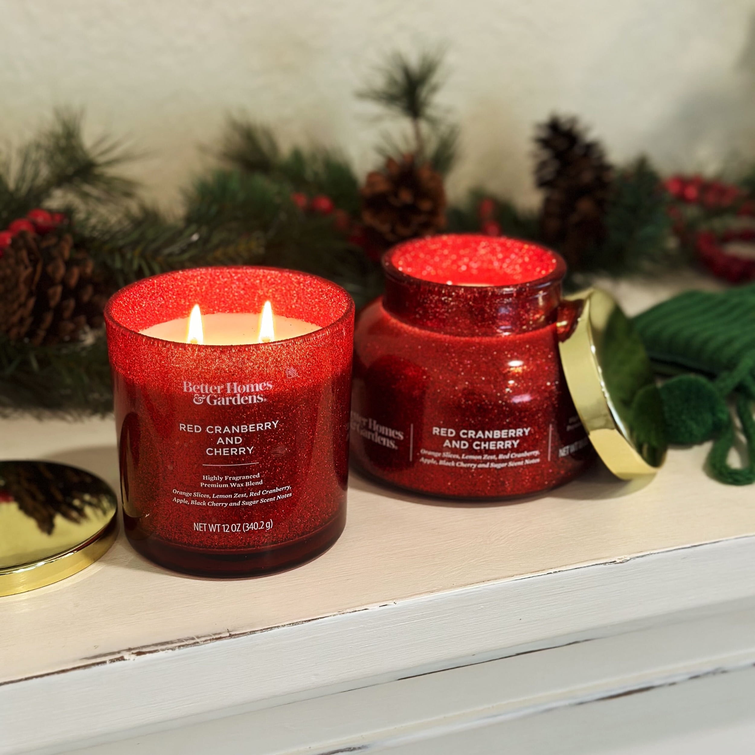 Better Homes & Gardens Red Cranberry and Cherry Scented 2 Wick Glitter 18oz Jar Candle