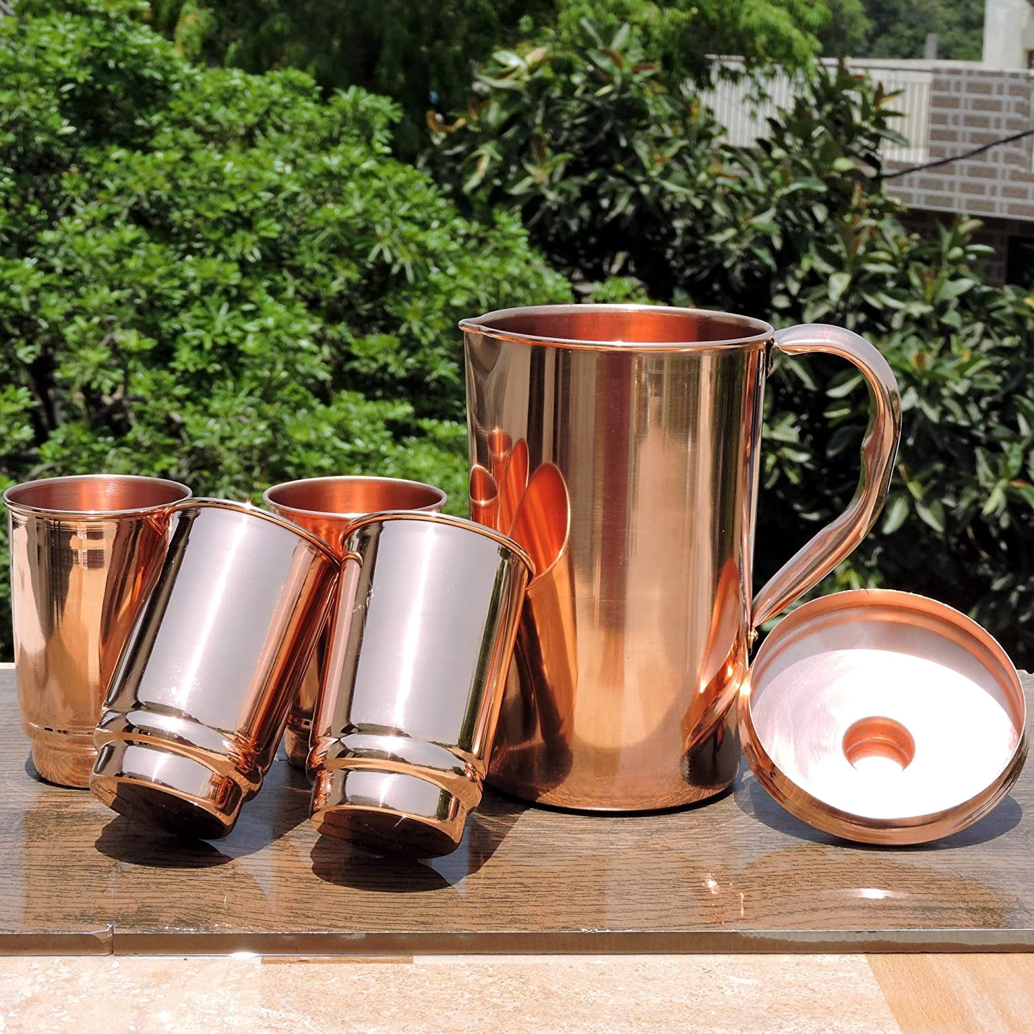HealthGoodsIn - Pure Copper Pitcher with 4 Copper Tumblers | Copper Pitcher and Tumbler Set for Ayurveda Health Benefits