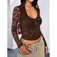 thumbnail image 4 of Women Y2K Lace Crop Top U Neck Bow Club Concert Clothes Going Out Tops Brown S, 4 of 7