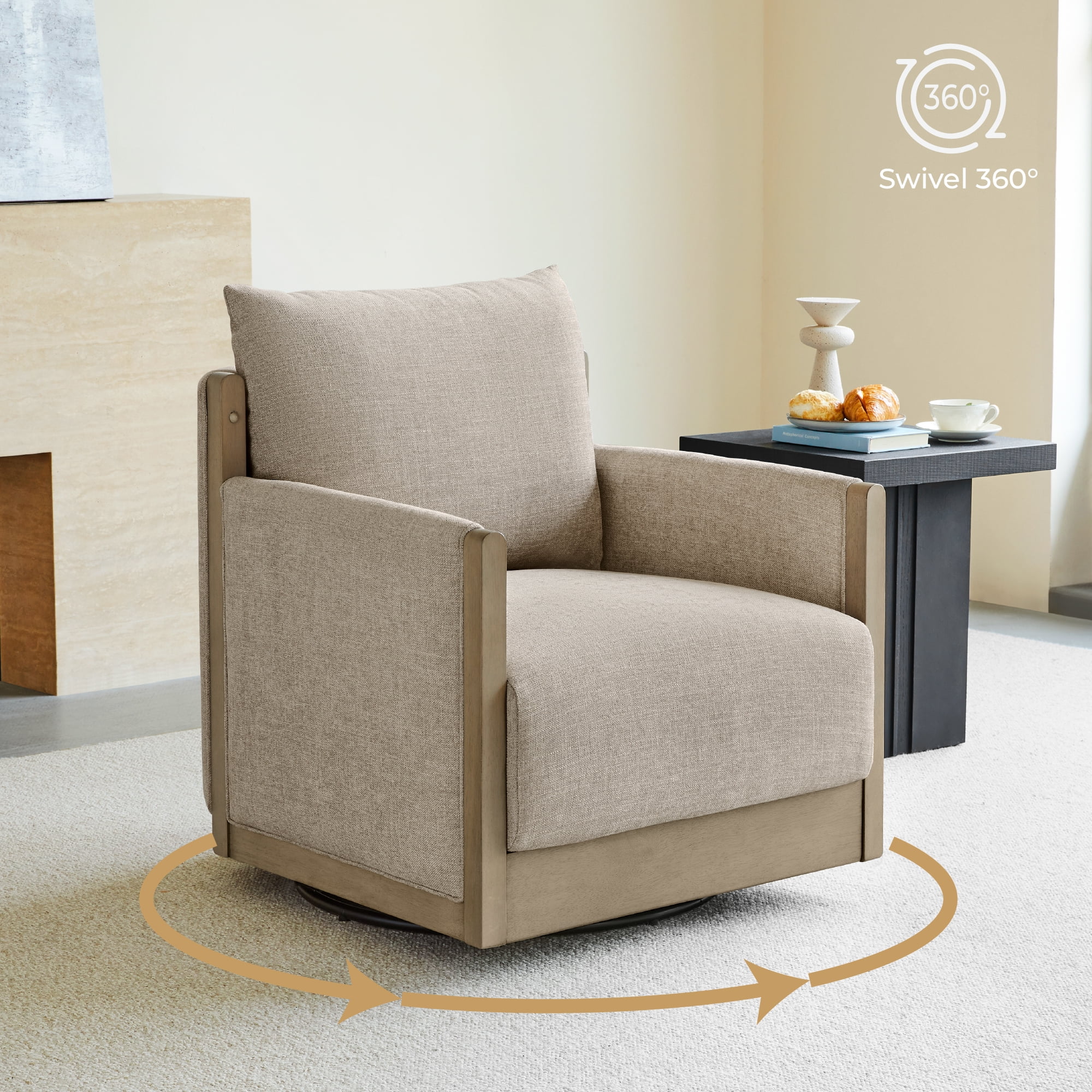 Spruce & Spring Mid-Century Modern Swivel Accent Chair with Curved Back and Upholstered Arms Single, Beige&Grey Wood