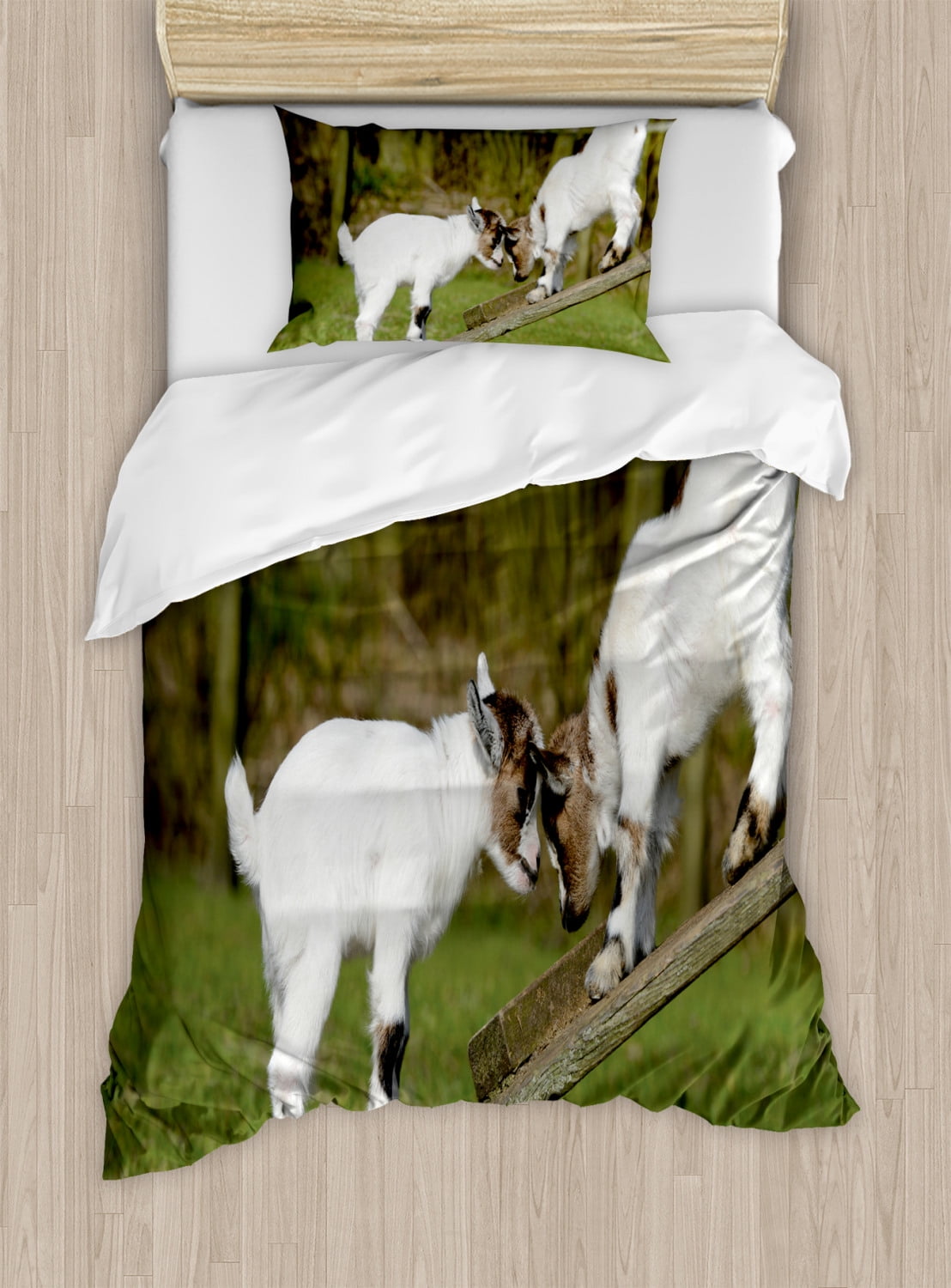 Animal Duvet Cover Set Twin Size, Two Cute Little Baby Goats on a Bench