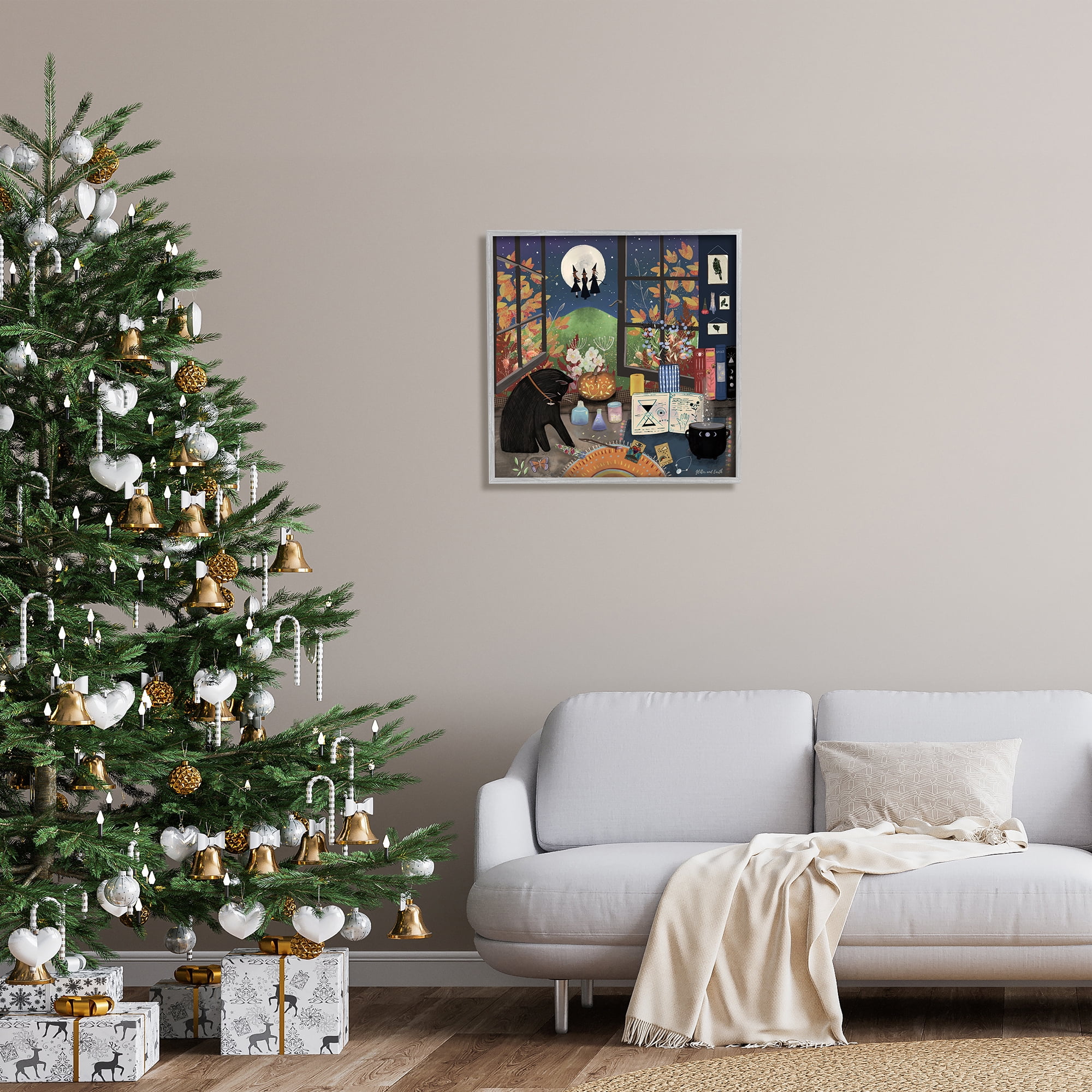 Stupell Industries Halloween Witches Autumn Moon Holiday Painting Gray Framed Art Print Wall Art