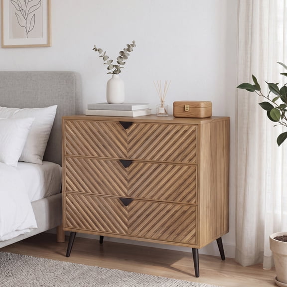 Semiocthome Modern 3 Drawers Dresser, Chest of Drawers with Diamond Doors for Bedroom, Walnut, Adult