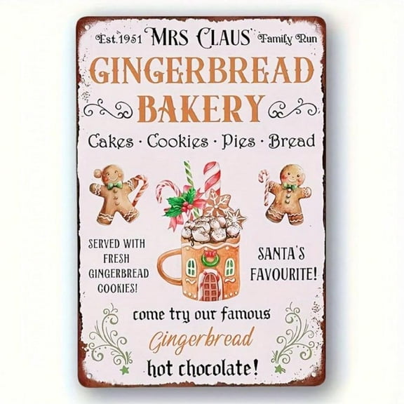 HELLOYOUNG Vintage Santa & Gingerbread Bakery Metal Tin Sign - Rustic Christmas Wall Art for Home & Cafe Decor, Durable Iron Construction, Easy Install, 12x8 Inches,room decor，