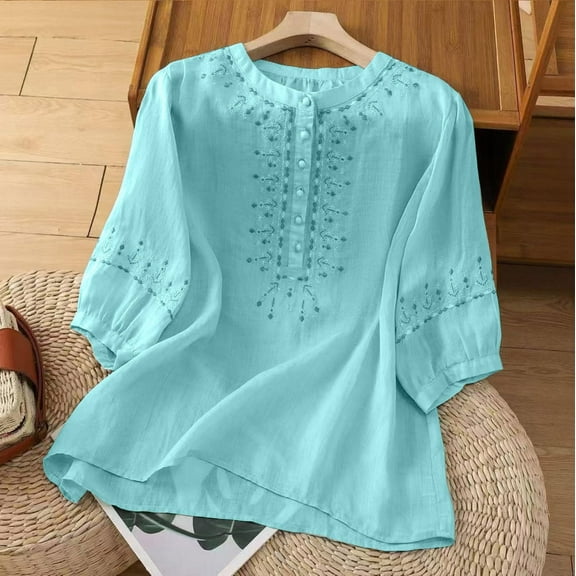 Womens T Shirts Embroidered Tops for Women Cotton Linen Tshirt Tee Women 3/4 Sleeve V Neck Button Ethnic Tops for Women