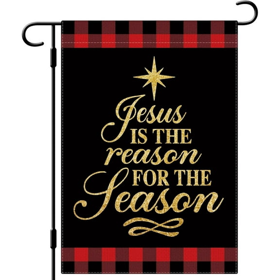 Jesus is The Reason for The Season Garden Flag Christian Garden Flag 12.5x18 Double Sided Buffalo Plaid Farmhouse Yard Flag Christmas Winter Religious Outdoor House Decoration