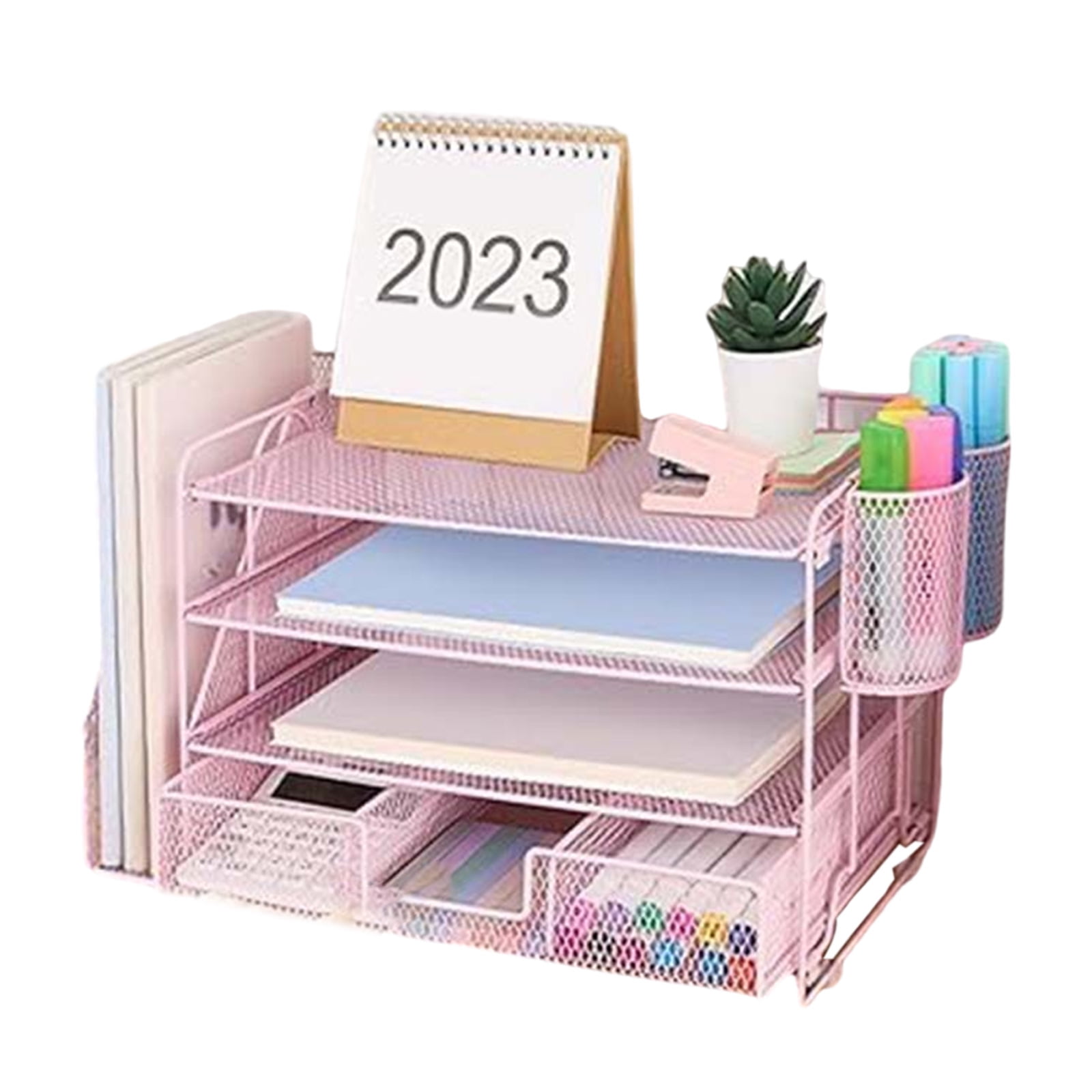 RUISINERY 4-Tiered Letter Tray Metal with Magazine Stand Drawer Pen Cups Desk Organizers and Accessories Multifunction for Office
