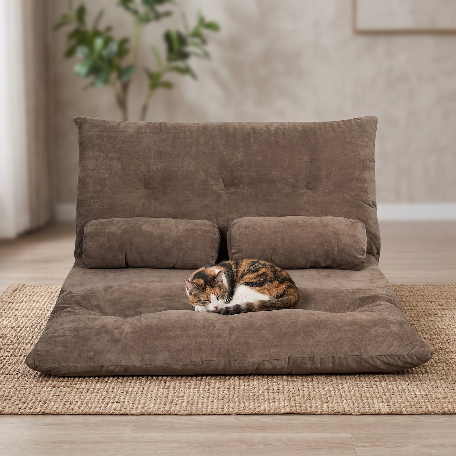 Furnibear 6-Position Adjustable Floor Sofa Bed, Foldable Sleeper Lounge Couch with 2 Pillows, Padded Corduroy Recliner Chair for Living Room Bedroom, 330, Coffee Brown